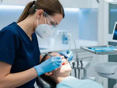 Dental hygienist treating a patient in a modern dental office